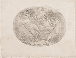 Putto at left reclining on sheaves of wheat, another at right carrying a sheave over his shoulder, an allegory of the seasons (Summer), an oval composition, Anonymous, 17th century, Etching