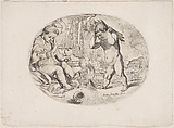 Putto at left by a fire, anther at right carrying wood, an allegory of the seasons (Winter) an oval composition, Anonymous, 17th century, Etching