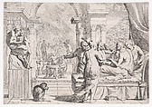 The Prodigal Son Seated on a Couch Being Served Wine, Revelers in the Background, a Monkey Wearing a Collar and Chain in the lower left, Pietro Testa Italian, Etching