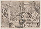 The prodigal son seated on a couch being served wine, revelers in the background, a monkey wearing a collar and chain in the lower left, from a series of four prints, Pietro Testa  Italian, Etching