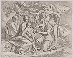 The Holy Family fed by Angels, Pietro Testa Italian, Etching