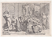 Plato's symposium: Socrates and his companions seated around a table discussing ideal love interruputed by Acibiades at left, Pietro Testa Italian, Etching