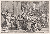 Plato's symposium: Socrates and his companions seated around a table discussing ideal love interruputed by Acibiades at left, Pietro Testa Italian, Etching