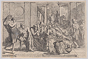 Plato's symposium: Socrates and his companions seated around a table discussing ideal love interruputed by Acibiades at left, Pietro Testa  Italian, Etching