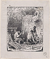 Three men at work by fire, Charles Jacque  French, Wood engraving; proof