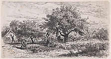 Picking fruit from tree outside cottage, Charles Jacque  French, Wood engraving