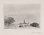 Two horsemen, with belfry in background and barn at right, John-Lewis Brown  French, Etching