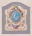 Design for a Chair Back Cover with an Oval-Shaped Ornamental Frame with a Kneeling Woman and a Playful Putto Surrounded by Garlands of Leaves and Flowers and Scrolling Acanthus Leaves Inside a Larger Ornamental Frame, Anonymous, French, 19th century French, Watercolor and gouache