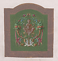 Design for a Chair Back Cover with a Squatting Half-Human Grotesque Figure Inside an Ornamental Frame Made of Two Cornucopias Holding Bundles of Leaves and Fruits and Scrolls of Leaves and Flowers, Anonymous, French, 19th century French, Watercolor and Gouache