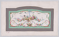 Design for a Sofa Back Cover (?) with an Ornamental Frame Containing a Large Horizontal Garland of Flowers and Leaves with Musical Instruments and a Vase, Decorated with Acanthus Leaves and Two Fleurs de Lys, Anonymous, French, 19th century  French, Watercolor