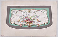 Design for a Sofa Seat Cover (?) with an Ornamental Frame Containing a Vase with a Large Bundle of Flowers and Leaves and Decorated with Acanthus Leaves and Two Fleurs de Lys, Anonymous, French, 19th century  French, Watercolor