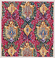 Design for Wallpaper with Alternating Vertical Rows of Pairs of Ornamental Frames of Two Sizes Framed by Interlacing Garlands of Laurel Leaves Tied by a Bow, Anonymous, French, 19th century  French, Watercolor
