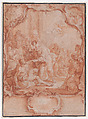 Scene with Saint Peter Healing the Lame in a Rocaille Cartouche, Johann Lorenz Haid  German, Red chalk, over black chalk, red wash; framing line black ink, probably by the artist; verso: made red with chalk