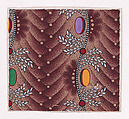 Textile Design with Alternating Vertical Stripes of Zig-Zagging Pearls Over Overlapping Scales and Ovals Framed By Crowns of Laurel Leaves Placed Alternately Along an Undulating Line Adorned with Pearls and Circles, Anonymous, Alsatian, 19th century  Alsatian, Gouache