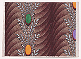 Textile Design with Vertical Garlands of Stylized Leaves, Pearls and Ovals over a Background of Overlapping Scales, Anonymous, Alsatian, 19th century  Alsatian, Gouache