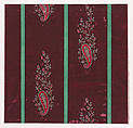 Textile Design with Vertical Rows of Paisley Motifs Flanked by Interlacing Branches with Stylized Flowers and Leaves Separated by Stripes, Anonymous, Alsatian, 19th century  Alsatian, Gouache