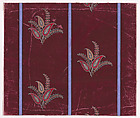 Textile Design with Alternating Vertical Rows of Bunches of Large Paisley-Inspired Stylized Leaves and Branches with Pairs of Stylized Leaves Separated by Vertical Stripes, Anonymous, Alsatian, 19th century  Alsatian, Gouache