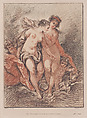 Reproduction of Deux Nymphes et deux Amours regardant des colombes (Two Nymphs and Loves watching two doves), Gilles Demarteau  French, Reproduction of crayon-manner engraving in black and red ink