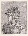 Bust of a Woman Wearing a Fantastic Head-dress and Mask, René Boyvin  French, Etching