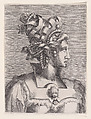 Bust of a Woman Wearing a Fantastic Head-dress and Mask, René Boyvin  French, Etching