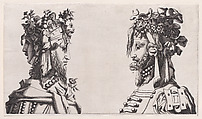 Fantastical Masked Masculine Heads, Anonymous, French, 16th century French, Engraving; reverse copy
