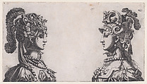 Busts of Two Women Wearing Fantastical Head-dresses, René Boyvin French, Engraving; second state of two