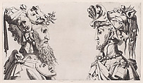 Two Fantastical Masked Masculine Heads, Anonymous, 16th century, Engraving; reverse copy