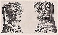 Fantastical Masked Masculine Heads, Anonymous, 16th century, Engraving; reverse copy