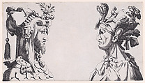 Two Male Busts with Head-dresses for the Ballet, René Boyvin French, Engraving; second state of two