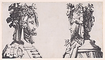 Two Male Busts with Head-dresses for the Ballet, René Boyvin  French, Engraving