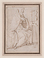 (recto) Seated Bishop Saint Praying Before a Crucifix; (verso) the cropped figure of a youth seen in frontal view (somewhat damaged)., Anonymous, Spanish, late 16th–early 17th century  Spanish, (recto) Pen and brown ink, over traces of black chalk; original sheet is inlaid onto a collector's mount; (verso) pen and dark brown ink.