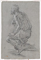 Study of Male Figure Kneeling in a Three-Quarter View, Facing Left (a Shepherd), Giacomo Zoboli Italian, Black chalk, highlighted with white chalk, on gray paper
