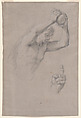 Double-sided sheet of Figural Studies: (recto) Studies of a Young Man Holding a Stone Seen in Half-length; (verso) Seated Young Man Seen in Three-quarter View from Behind, Facing Right., Giacomo Zoboli (Italian, Modena 1681–1767 Rome), Black chalk, highlighted with white chalk, on gray paper