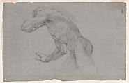 Double-sided Sheet of Figural Studies: (recto) Study of a Nude Man in an Action Pose Seen from the Side and in Three-quarter Length; (verso) Study of Christ in the Baptism, Standing in a Frontal View., Giacomo Zoboli (Italian, Modena 1681–1767 Rome), Black chalk, highlighted with white chalk, on blueish gray paper.