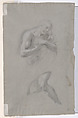 Double-sided Sheet of Figural Studies: (recto) Study of a Nude Man in an Action Pose Seen from the Side and in Three-quarter Length; (verso) Study of Christ in the Baptism, Standing in a Frontal View., Giacomo Zoboli (Italian, Modena 1681–1767 Rome), Black chalk, highlighted with white chalk, on blueish gray paper.
