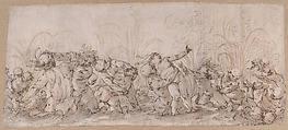 Tritons Abducting Nereids, Luca Cambiaso  Italian, Pen and dark brown ink, brush and grayish brown wash, over black chalk on three glued sheets of paper. The original paper surface is glued onto the mount; verso not visible.