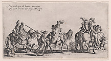 Roma men, women, and children on horseback and on foot [historically known as Les Bohémiens en Marche, pièce aussi appelée L'Avant-Garde (The Gypsies Travelling, piece also called The Advance Gard), from "Le Bohémiens, série appelée aussi Les Égyptiens, La Marche des Bohémiens, La Vie Errante des Bohémiens, Les Marches Égyptiennes" (The Gypsies, series also called The Egyptiens, The Gypsy Troops, The Wandering Lives of Gypsies, The Egyptian Troops)], Jacques Callot  French, Etching and engraving; second state of two (Lieure)