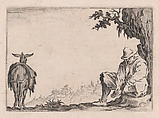 Le Paysan se Déchaussant (The Peasant Removing his Shoes), from "Les Caprices" Series B, The Nancy Set, Jacques Callot  French, Etching; first state of two (Lieure)