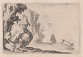 La Paysan Accroupi (The Peasant Squatting), from "Les Caprices" Series B, The Nancy Set, Jacques Callot  French, Etching; first state of two (Lieure)