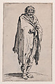 Le Mendiant a la Tête Découverte et aux Pieds Nuds (The Beggar with the Uncovered Head and Bare Feet), from "Les Gueux suite appelée aussi Les Mendiants, Les Baroni, ou Les Barons" (The Beggars, also called the Barons), Jacques Callot French, Etching; first state of two (Lieure)