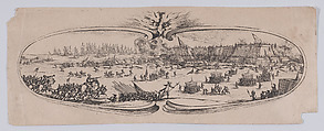 Border at Lower Left: L'Assault Genéral des Anglais a la Citadelle (The Assault of the English General on the Citadel), from an etching on six plates of a central battle scene framed by ten additional plates, entitled Siège de la Citadelle de St-Martin dans l'Île de Ré (Siege of the Citadel of St. Martin on the Île de Ré), Jacques Callot  French, Etching; third state of three (Lieure)