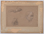 Sketch of Head and Two Sets of Hands, Anonymous, German, 19th century  German, Black chalk with white heightening