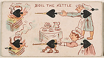 Six of Spades, Boil the Kettle, from Harlequin Cards, 2nd Series (N220) issued by Kinney Bros., Kinney Brothers Tobacco Company  American, Commercial color lithograph