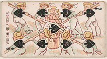 Nine of Spades, Weighing Anchor, from Harlequin Cards, 2nd Series (N220) issued by Kinney Bros., Kinney Brothers Tobacco Company American, Commercial color lithograph
