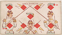 Nine of Diamonds, Lance Exercise, from Harlequin Cards, 2nd Series (N220) issued by Kinney Bros., Kinney Brothers Tobacco Company American, Commercial color lithograph