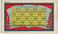 Puzzle Card Number 12, The Three Move Puzzle, from the Jokes series (N118) issued by Duke Sons & Co. to promote Honest Long Cut Tobacco, W. Duke, Sons & Co.  American, Commercial color lithograph
