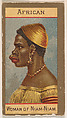 African Woman of Niam-Niam, from Types of Nationalities (N240) issued by Kinney Bros., Kinney Brothers Tobacco Company  American, Commercial color lithograph