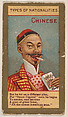 Chinese, from Types of Nationalities (N240) issued by Kinney Bros., Kinney Brothers Tobacco Company American, Commercial color lithograph