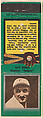 Ray Benge, Brooklyn Dodgers, from the Baseball Players Match Cover design series (U1) issued by Diamond Match Company, The Diamond Match Company American, Printed matchbook