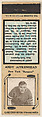 Andy Aitkenhead, New York Rangers, from Yellow/Tan Hockey Players Match Cover design series (U10) issued by Diamond Match Company, The Diamond Match Company  American, Printed matchbook
